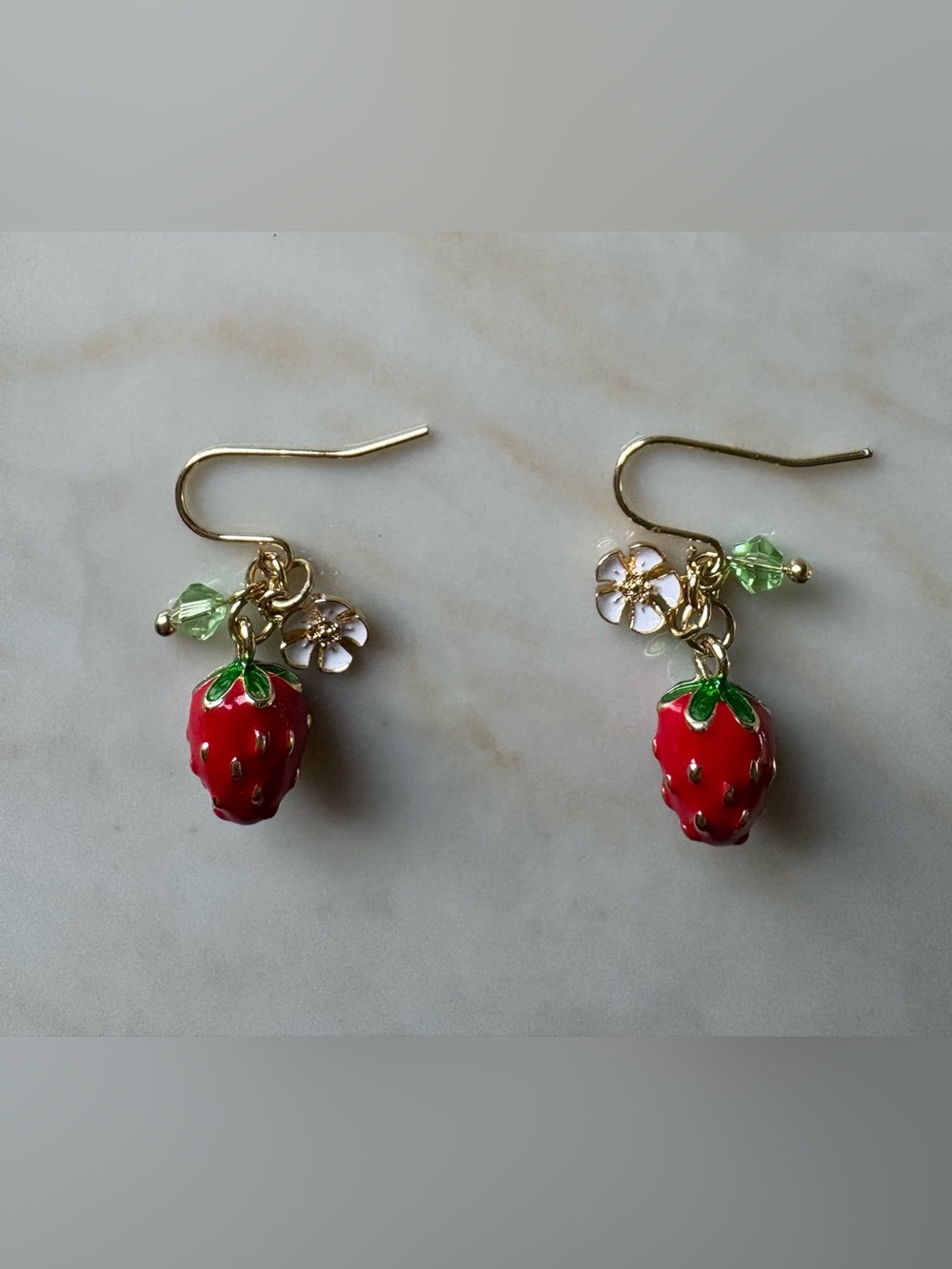 Strawberry Drop Earrings with Red Enamel and Green Leaves
